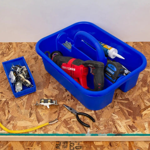 Sturdy Plastic Tote Cleaning Caddy With Handle For Tools And Supplies Eighteen Point Three Eighths Inch By Thirteen Point Seven Eight Inch By Nine Inch Blue Organizer holding tools on workbench