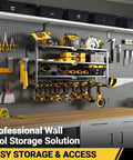 4 Layer Power Tool Organizer Wall Mount With Charging Station 32 Inch Cordless Drill Rack in black on pegboard wall