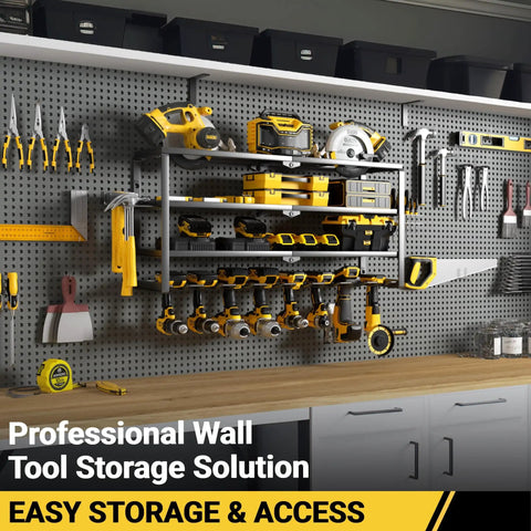 4 Layer Power Tool Organizer Wall Mount With Charging Station 32 Inch Cordless Drill Rack in black on pegboard wall