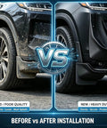 Comparison of old vs new Precision Match Tesla Cybertruck Mud Flaps Splash Guards For 2024 with heavy-duty protection.