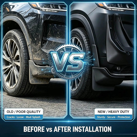 Comparison of old vs new Precision Match Tesla Cybertruck Mud Flaps Splash Guards For 2024 with heavy-duty protection.