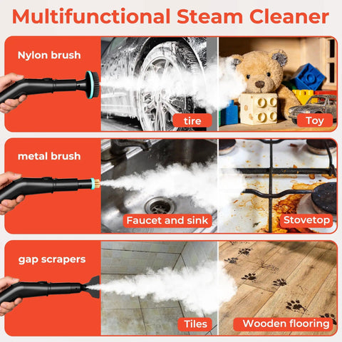 Heavy Duty 2500W Steam Cleaner With 1.9 Quart Tank And Four Bar High Pressure for diverse cleaning tasks with accessories in use