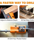 Heavy Duty Aluminum Pocket Hole Jig Kit With Auto Calibrating Clamp System And Fifty Premium Wood Screws For Knockout Furniture Joinery Right Out The Box Includes Square Drill Bit And Stop Collar Built Solid demonstrating adjustment and drilling process.