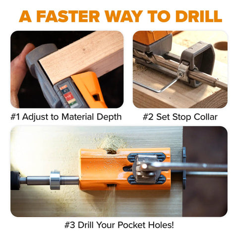 Heavy Duty Aluminum Pocket Hole Jig Kit With Auto Calibrating Clamp System And Fifty Premium Wood Screws For Knockout Furniture Joinery Right Out The Box Includes Square Drill Bit And Stop Collar Built Solid demonstrating adjustment and drilling process.