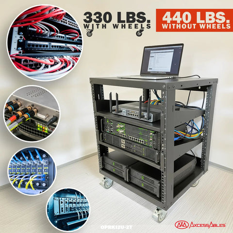 Killer 12U Open Frame 19 Inch Rack With Smooth Locking Casters And Dual Adjustable Shelves for AV Networking Rig