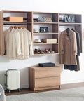 Modern Oak Wall Closet Organizer With Modular Shelves And Kickass Hanging Rod Heavy Duty Mounted Storage Rack For Bedroom Entryway And Laundry Room No Sweat Setup total game changer with shirts, bags and shoes.