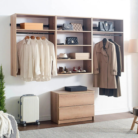 Modern Oak Wall Closet Organizer With Modular Shelves And Kickass Hanging Rod Heavy Duty Mounted Storage Rack For Bedroom Entryway And Laundry Room No Sweat Setup, featuring organized clothes and accessories.