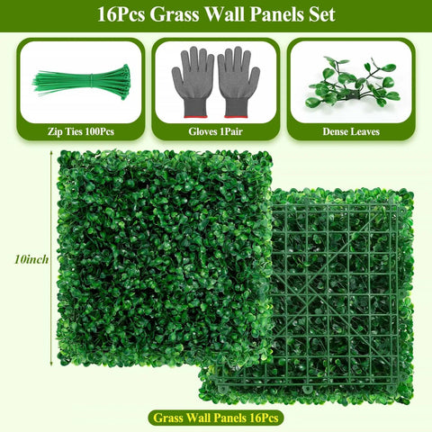 Sixteen 10 By 10 Inch Artificial Grass Wall Panels Pack Includes UV Resistant Boxwood Faux Greenery shown with accessories