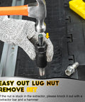 Deep Lug Nut Remover Set 10 Piece Spiral Type Heavy Duty Half Inch Drive Impact Wheel Lock Removal Kit shown with hammer on extractor
