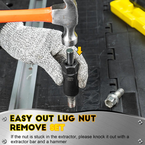 Deep Lug Nut Remover Set 10 Piece Spiral Type Heavy Duty Half Inch Drive Impact Wheel Lock Removal Kit shown with hammer on extractor