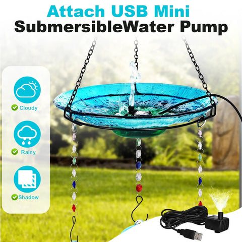 Go-To Hand Blown Glass Hummingbird Feeder And USB Water Pump Bird Bath Two-In-One Outdoor Garden Decor blue dish with beads.