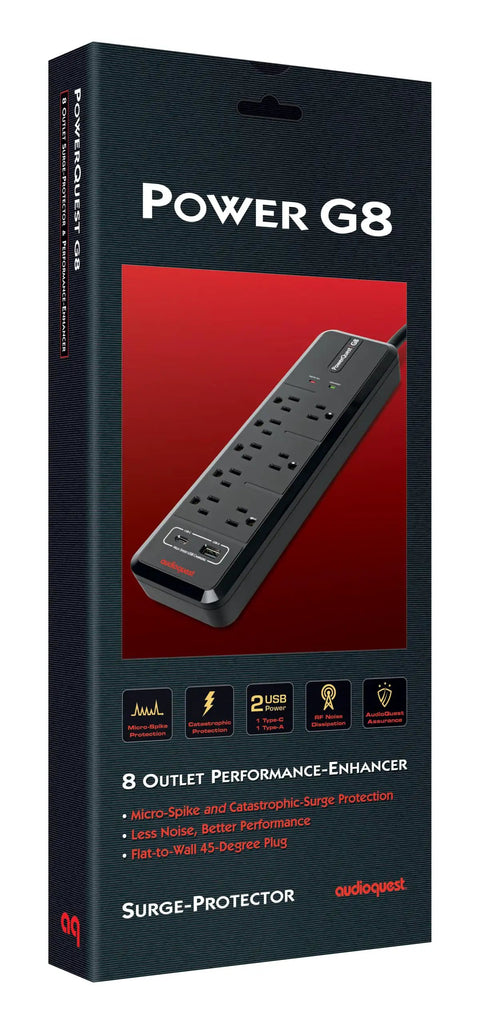 Box of PowerQuest G8 8-Outlet Surge Protector With Micro Spike Protection And Catastrophic Surge Shield, product image visible.