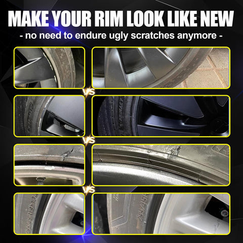 Before and after results using Tesla Rim Touch Up Paint Kit For Model Y, Model 3, Model S, And Model X Wheels with scratch repair.
