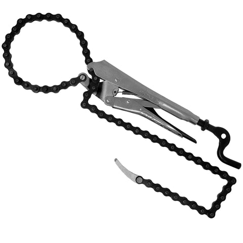 Locking Chain Pliers with 36-Inch Chain holds up to 10.5-Inch diameter pipe, quick release trigger, non-slip grip, secure adjustment bar.