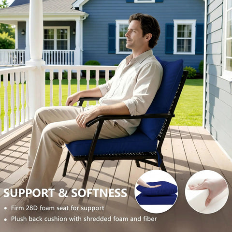 24x24 Inch Outdoor Chair Cushions Set Of 2 With Removable Washable Covers, Water Repellent And Fade Resistant, Non Slip Bottom With Straps, Replacement Cushions For Deep Seat Patio Sofa And Couch, Navy shown on patio chair with man seated.