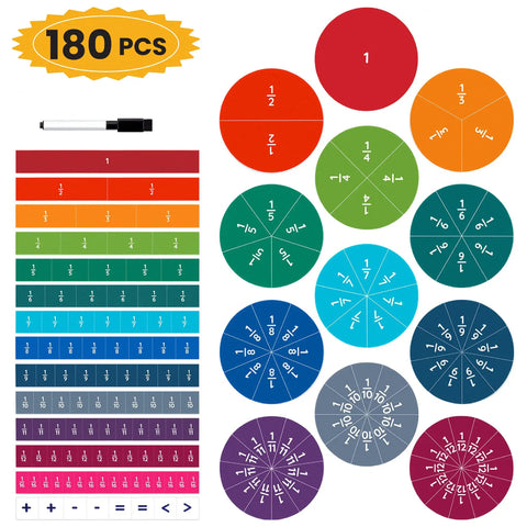 Magnetic Fraction Tiles And Circles Set For Kids, 180 Pieces, Hands On Fraction Learning System showing tiles and circles.