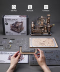 Motorized Wooden Marble Run Puzzle For Adults LGC01 Marble Spaceport parts and assembly instructions displayed on a table.