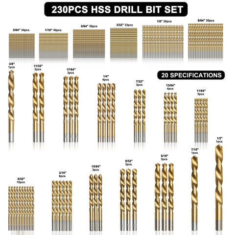 230-Piece Titanium Coated HSS Drill Bit Set With 135 Degree Tips, 1/16 To 1/2 Inch Range, displayed with multiple sizes and types.