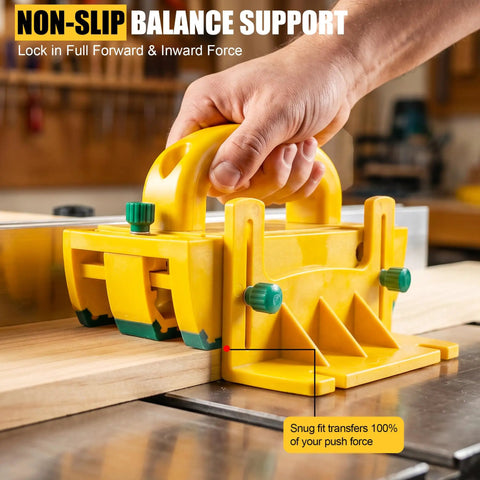 Table Saw Push Block For Woodworking With No Slip Grip And Multidirectional Control showing balance support on table saw