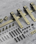 13 Foot Classic Brass Sliding Barn Door Hardware Kit For Interior Double Doors In Brushed Gold Finish Durable Carbon Steel Track With Smooth Rollers Supports Up To 200 Lbs DIY Friendly And Easy Assembly With Step By Step Guides laid out on a wooden surface