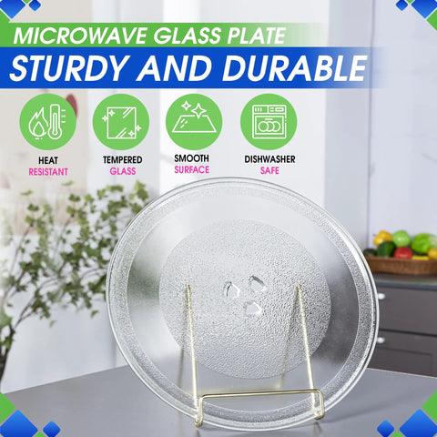 12 Inch Microwave Glass Turntable Plate Replacement Fits W10337247 W11367904 Models on stand, showing durability features