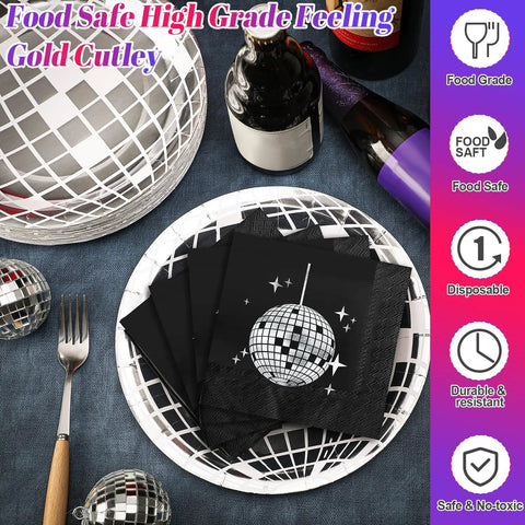 Disco Party Plates And Napkins Set For 100 Guests With Disco Ball Design, featuring plates and napkins with silver disco ball motif.