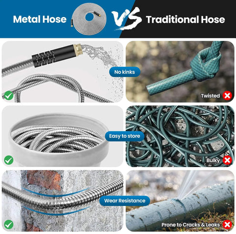 Garden Hose 100FT metal hose with 10-function nozzle; leak-proof connectors, kink-free, ultra-flexible, rust/puncture resistant