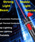 Pro Grade Visual Fault Locator Fiber Optic Tester with red beam and text highlighting light features, durable casing