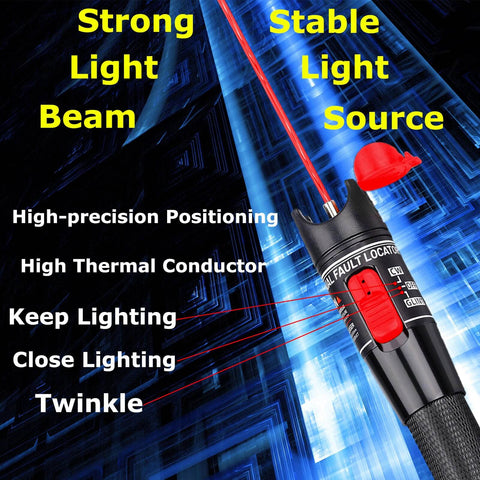 Pro Grade Visual Fault Locator Fiber Optic Tester with red beam and text highlighting light features, durable casing