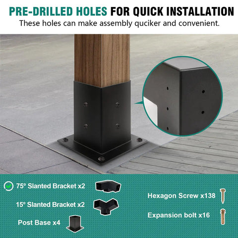 Heavy Duty 15 Degree Pergola Brackets Kit With 75 Degree Corner Brackets And Post Base For 4x4 Lumber Beams 3.5x3.5 In Sheds Gazebos Patio Pergola Kit Built To Last