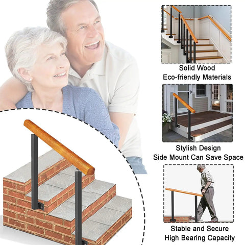 Rock Solid Outdoor Wooden Handrail For 1 To 3 Steps Hella Strong Wall Mount on brick steps, sturdy support for seniors and kids.