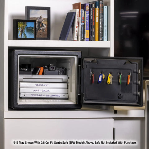 Multi-Position Shelf Insert For 0.8 And 1.2 Cu Ft Fireproof Safes White Tray Accessory in an open safe with documents and camera
