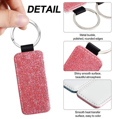 Dope 8 Pack Sublimation Blanks Keychains Glitter Rectangle Set In Gold Blue Black Pink PU Leather With Stainless Steel Ring DIY