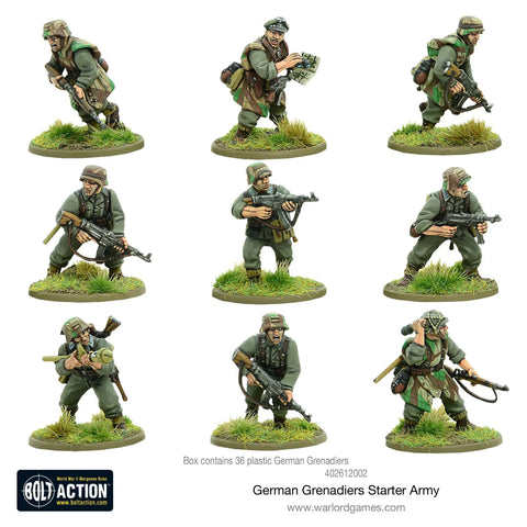 Bolt Action German Grenadiers 1:56 Scale Miniatures Set displayed in formation, featuring unpainted WWII soldiers for tabletop war gaming.