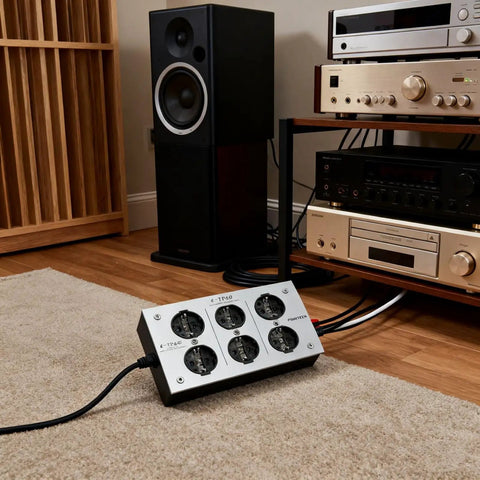 Top Shelf Six Socket 110V Filtered Power Strip And Audiophile Conditioner For Pro Audio Rigs Plus Home Theater Setup with six outlets.