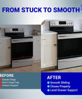 Before and after showing Heavy Duty Replacement Range Oven Drawer Glide Kit Includes Front and Rear Slides Fits Parts 3051162 and 3051163.