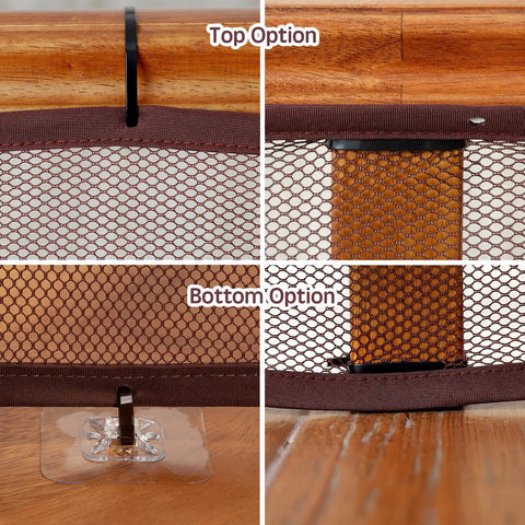 Adjustable Stair Banister Safety Net Gate for Baby Proofing and Pets with top and bottom mounting options in dark brown mesh