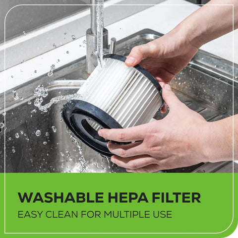 Hands washing filter from 24V Brushless Cordless Wet Dry Shop Vacuum, 3-Gallon Capacity, Garage-Ready 67 CFM Airflow, 9 kPa Suction