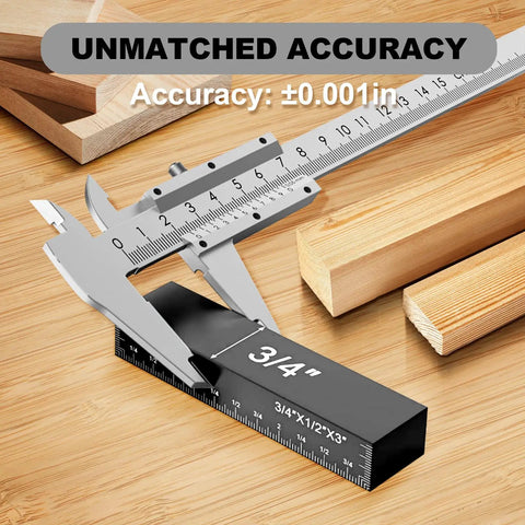 Caliper measuring 15 Piece Height Gauge Block Set for Woodworking with Precision Ruler Marked Bars, showing 3/4" block.