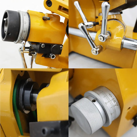 Close-up of Professional Grade Benchtop Cutter And Drill Bit Sharpener Machine showing spindle and adjustment dials for precise sharpening.