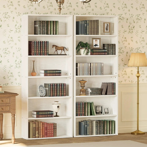 Pair Of Six Tier Floor Standing Bookshelves 70 Inch Tall Display Storage Shelves For Home Office Living Room And Bedroom Sturdy MDF Construction Each Shelf Holds 22 Lb With Tipover Resistant Design Rustic Chic in living room setting