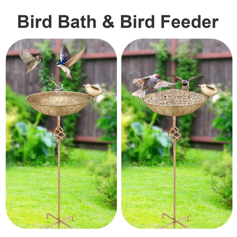 Outdoor Metal Bird Bath With 27.6 Inch Stand Five Prongs Base Stake Freestanding Bird Feeder And Waterer in garden setting