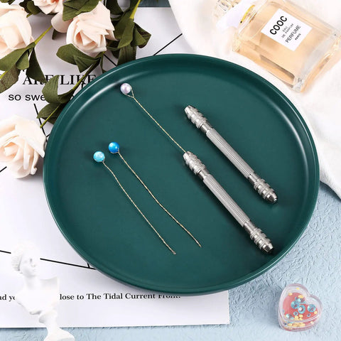 Kick Up Your Craft Game With These Double End Pin Vises And Copper Collets Compact Hand Drill Wire Twisting Tool, two pin vises and decorated wire on teal plate.
