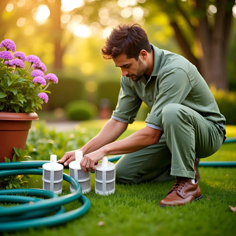 Man using 10 Pack White 8mm Household Hose Filters for Water Pumps and Sprayers in garden