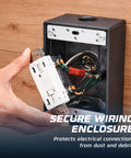 Hand placing wiring into Weatherproof Outdoor Electrical Junction Box Kit, Die-Cast 1-Gang Box with Four 1/2-Inch Knockouts.