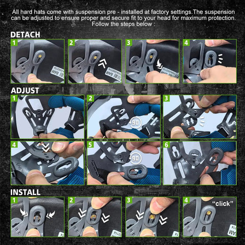 Detailed installation guide for fiberglass full brim hard hat suspension system ensuring secure fit and compliance.