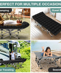 Heavy Duty Portable Camping Cot With Mattress for Adults in various settings, showcasing camping, guest bed, travel, and beach use.