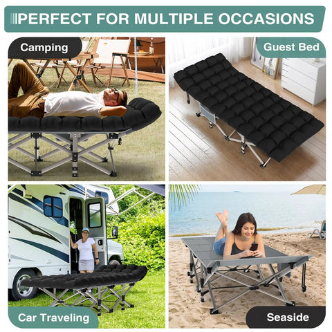 Heavy Duty Portable Camping Cot With Mattress for Adults in various settings, showcasing camping, guest bed, travel, and beach use.