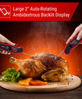 Two hands using Waterproof Digital Meat Thermometer With Ambidextrous Backlit Display on roasted chicken.