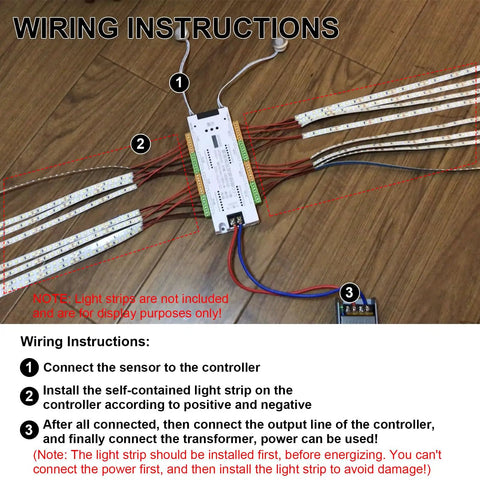 Wiring instructions for Motion Sensor LED Stair Light Controller For Stairway Lighting 32 Channel Automatic system